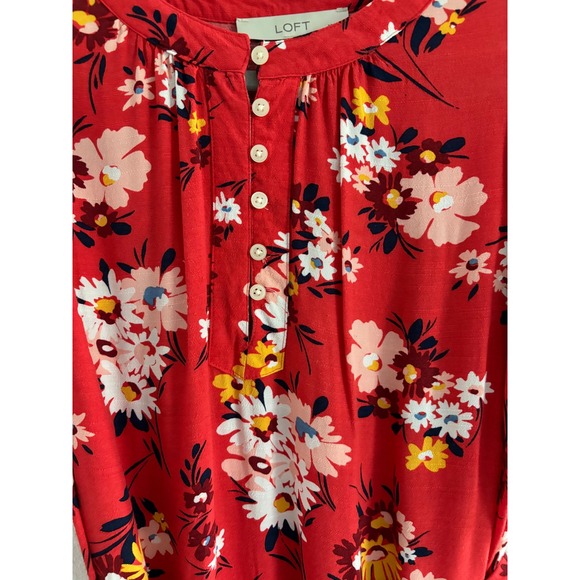 Loft‎ Midi Dress Womens 6P Red Floral Short Sleeve Bleted Career Preppy Modest - Picture 4 of 4